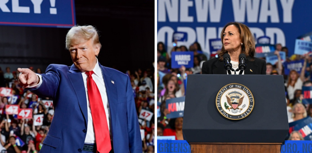 Donald Trump and Kamala Harris during the election campaign, highlighting their rivalry in the U.S. presidential race.